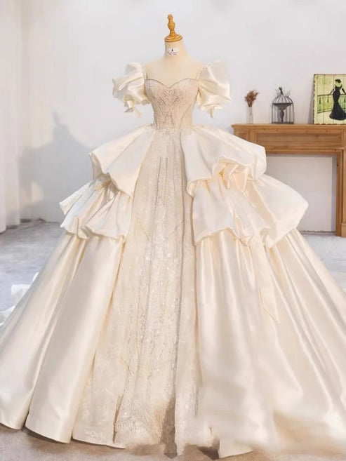 Unique Ball Gown Sweetheart Short Sleeves Long White Wedding Dress main image 0