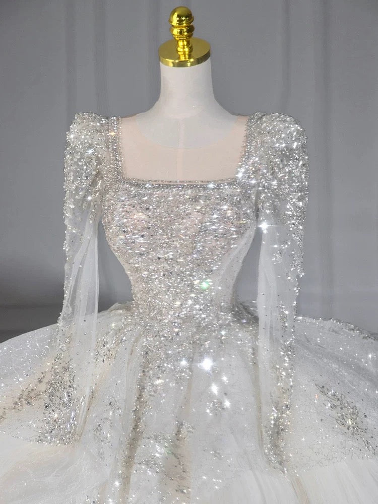 Dreamy Ball Gown Square Neckline Sequin White Long Sleeves Wedding Dresses With Beads C1805