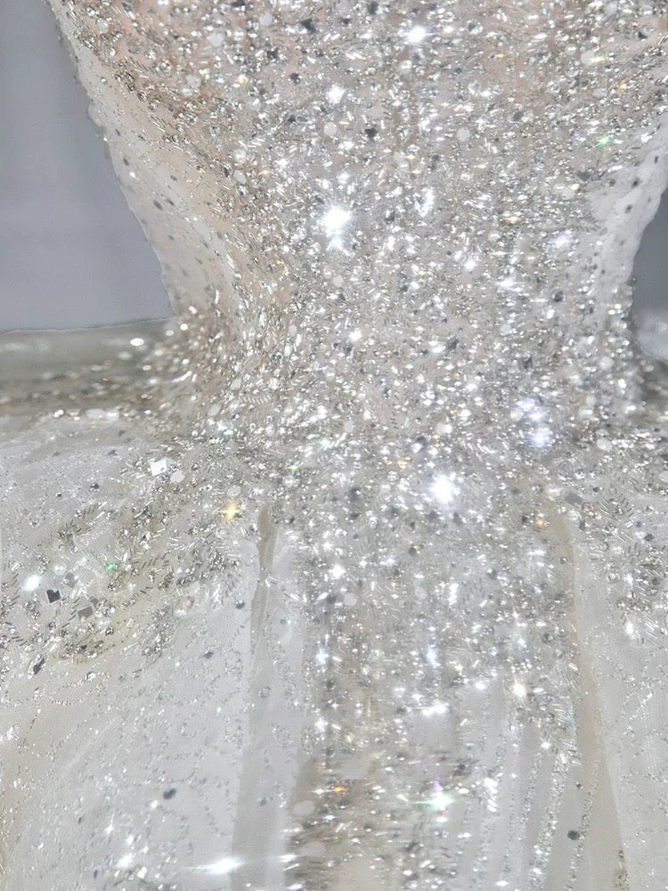 Dreamy Ball Gown Square Neckline Sequin White Long Sleeves Wedding Dresses With Beads C1805