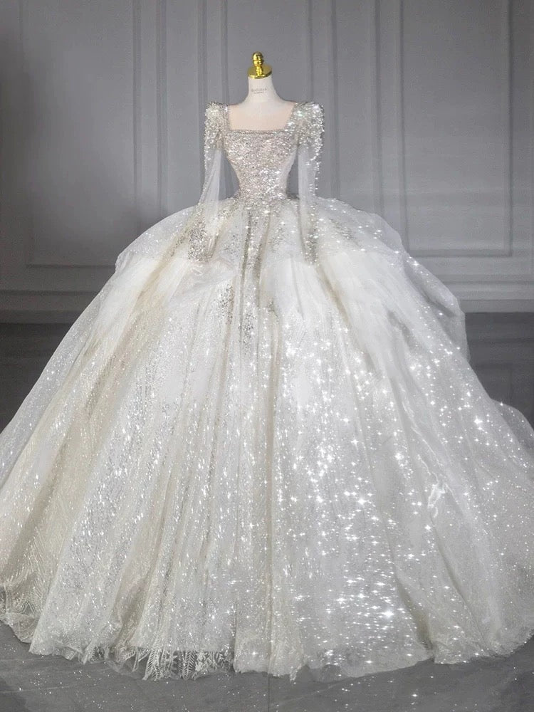 Dreamy Ball Gown Square Neckline Sequin White Long Sleeves Wedding Dresses With Beads C1805