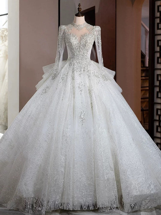 Dreamy Ball Gown High Neckline Sequin White Long Sleeves Wedding Dresses With Beads C1806