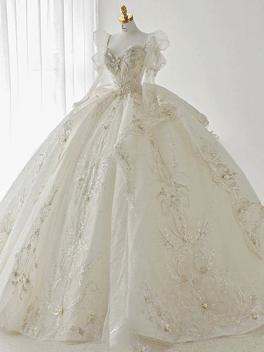 Luxury Ball Gown Sweetheart Sequin White Long Sleeves Wedding Dresses With Beads C1807