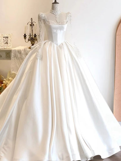 Simple Ball Gown Sweetheart White Long Sleeves Satin Wedding Dresses With Beads C1808