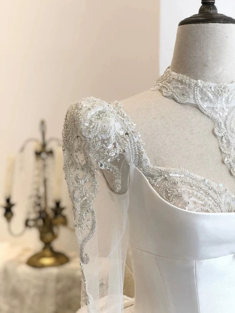 Simple Ball Gown Sweetheart White Long Sleeves Satin Wedding Dresses With Beads C1808