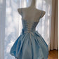 Robe de soirée courte bleue à bretelles spaghetti en ligne A mignonne Robe de cocktail C1824