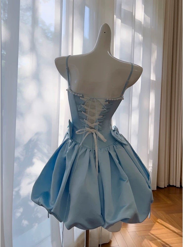 Robe de soirée courte bleue à bretelles spaghetti en ligne A mignonne Robe de cocktail C1824
