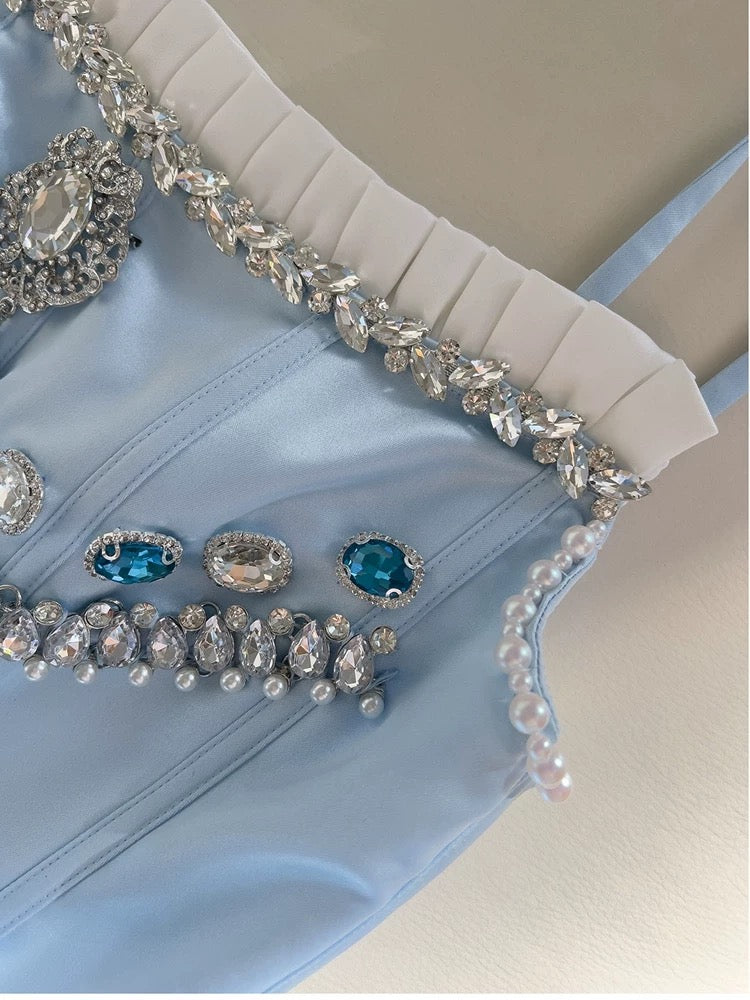 Robe de soirée courte bleue à bretelles spaghetti en ligne A mignonne Robe de cocktail C1824