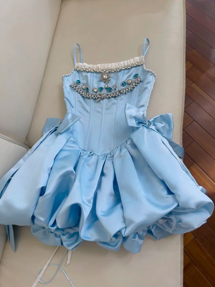 Robe de soirée courte bleue à bretelles spaghetti en ligne A mignonne Robe de cocktail C1824