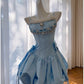 Robe de soirée courte bleue à bretelles spaghetti en ligne A mignonne Robe de cocktail C1824