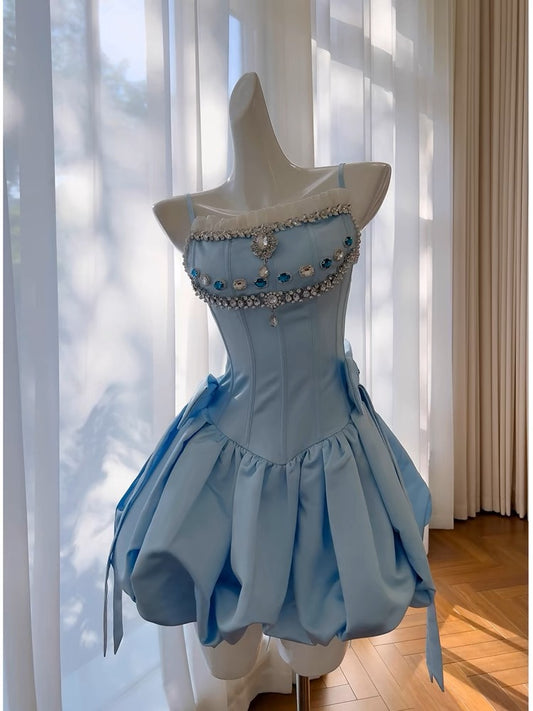 Robe de soirée courte bleue à bretelles spaghetti en ligne A mignonne Robe de cocktail C1824