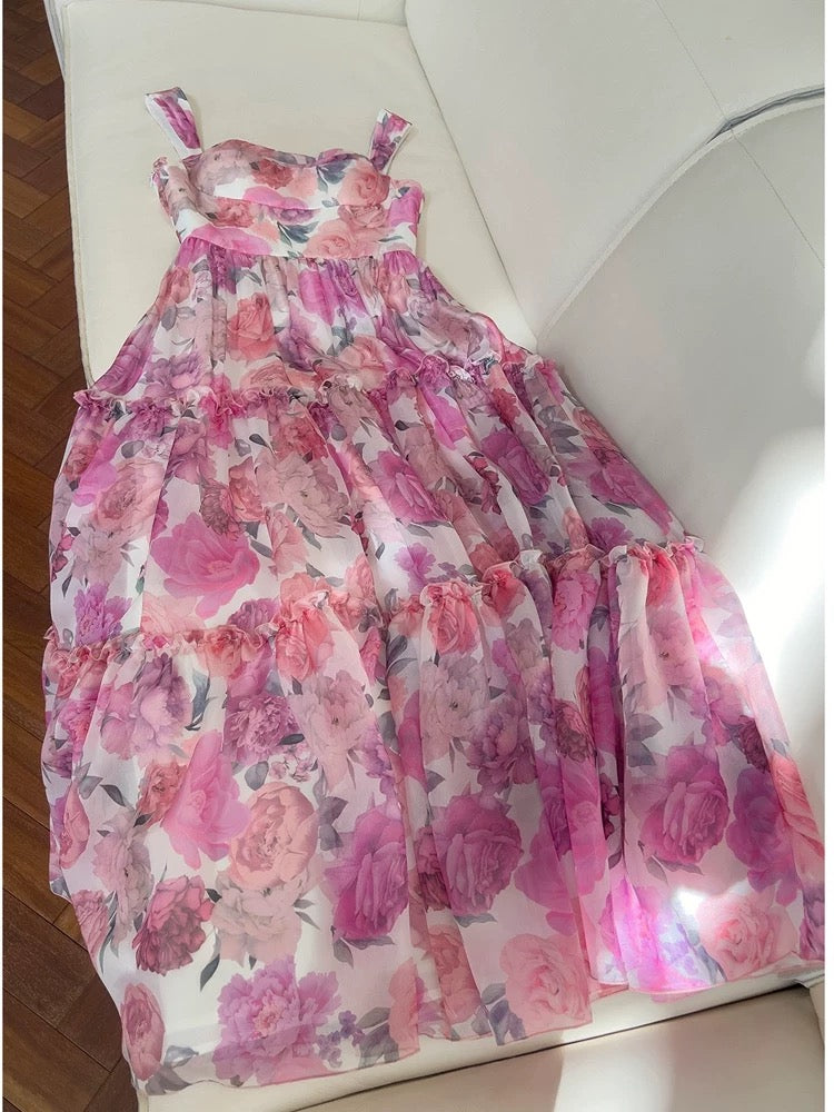 Robe de soirée longue en mousseline de soie à bretelles sexy et coupe trapèze C1827