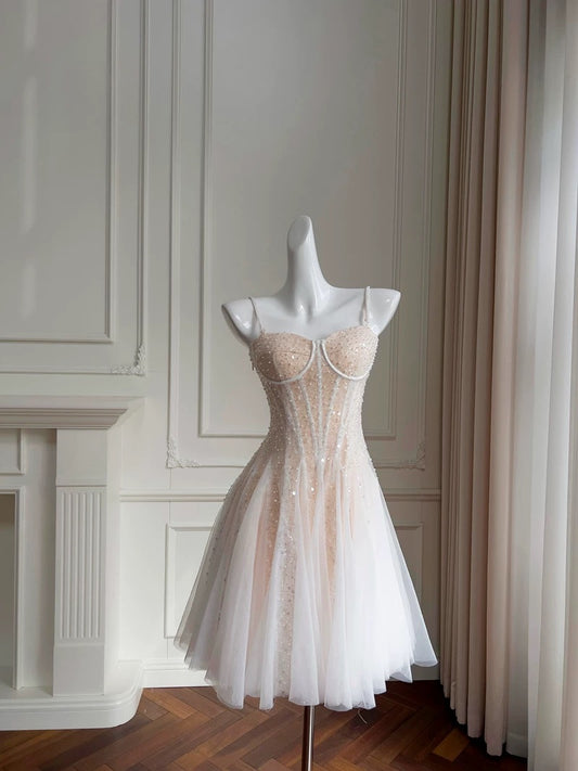 Robe de cocktail courte à paillettes et bretelles spaghetti en ligne A, couleur champagne, C1839