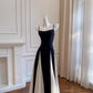 Robe de soirée élégante en mousseline de soie noire à bretelles spaghetti en ligne A C1848
