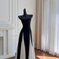 Robe de soirée élégante en mousseline de soie noire à bretelles spaghetti en ligne A C1848