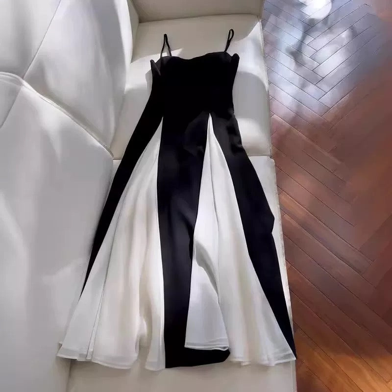 Robe de soirée élégante en mousseline de soie noire à bretelles spaghetti en ligne A C1848