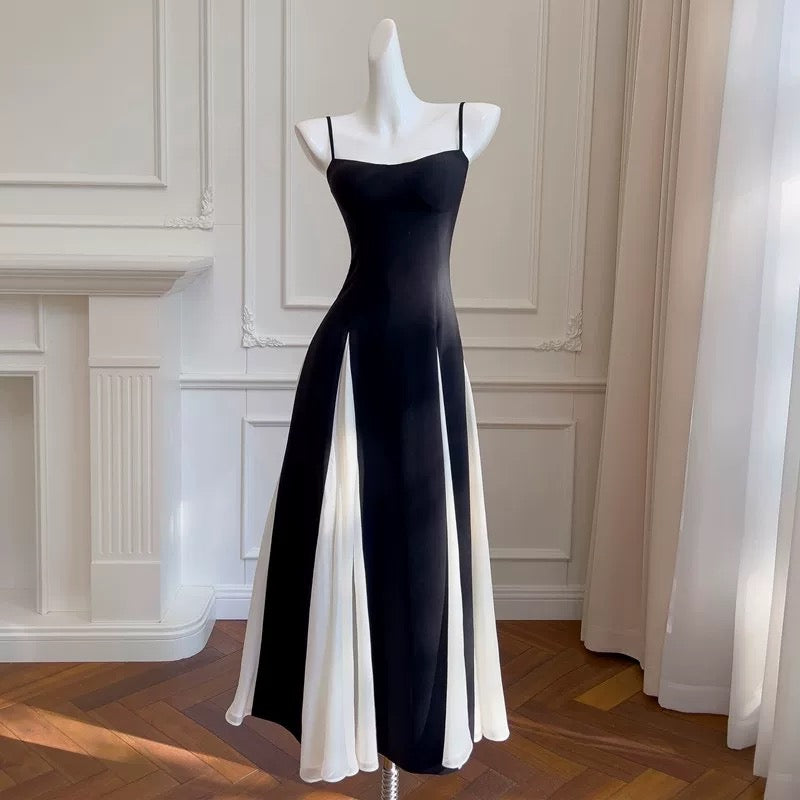 Robe de soirée élégante en mousseline de soie noire à bretelles spaghetti en ligne A C1848
