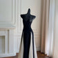 Robe de soirée élégante en mousseline de soie noire à bretelles spaghetti en ligne A C1848