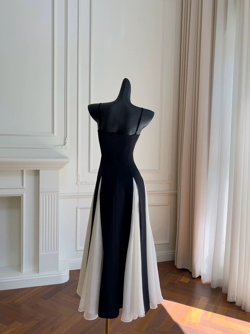 Robe de soirée élégante en mousseline de soie noire à bretelles spaghetti en ligne A C1848