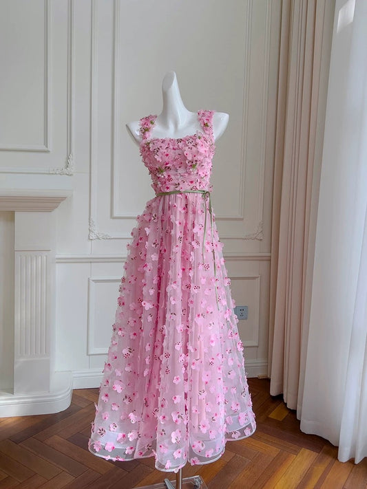 Modest A line Straps Sleeveless Pink Tulle Flowers Prom Dress Evening Dresses C1865