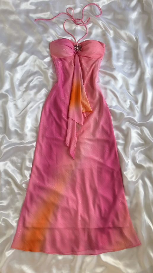 Robe de soirée élégante en mousseline de soie rose ombré avec perles et ligne A C1902