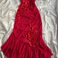 Robe de soirée élégante en mousseline de soie rouge à bretelles trapèze irrégulière avec fleurs C1904