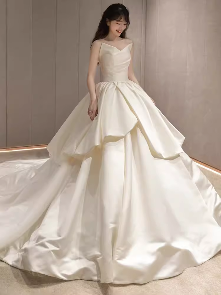 Unique Ball Gown Sweetheart Satin Long Wedding Dress C190 – BlingDress