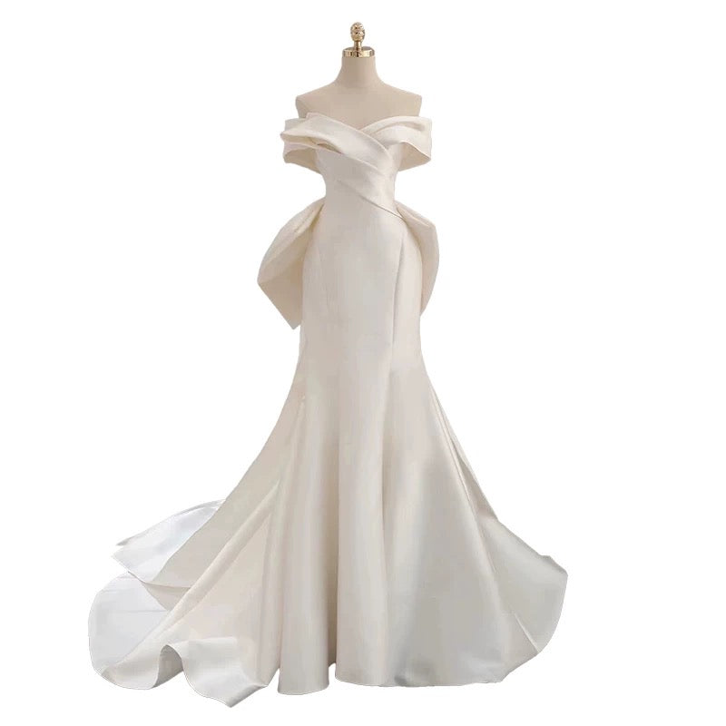 Sexy Mermaid Off The Shoulder Short Sleeves Long White Wedding Dresses With Bow C1911