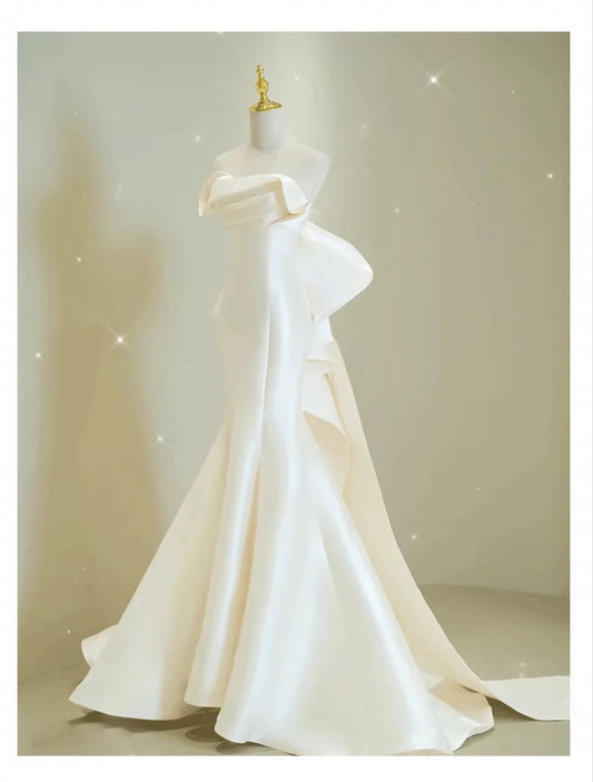 Sexy Mermaid Sweethart Sleeveless Satin Long White Wedding Dresses With Bow C1912