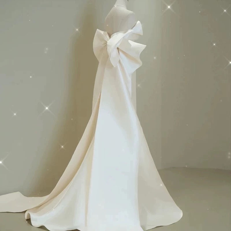 Sexy Mermaid Sweethart Sleeveless Satin Long White Wedding Dresses With Bow C1912