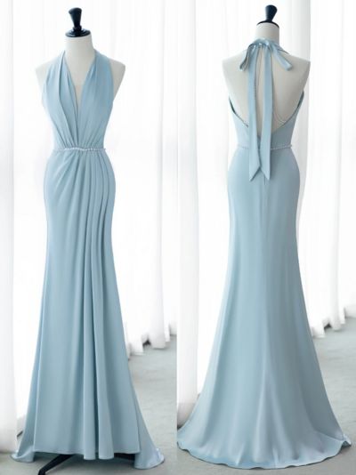 Robe de demoiselle d'honneur élégante en satin à col licou romantique française C1914