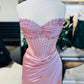 Robe de soirée élégante en satin rose à paillettes et décolleté en cœur, robe de bal fendue, C1929