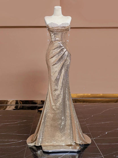 Robe de soirée longue élégante à paillettes et col en cœur style sirène avec perles C1931