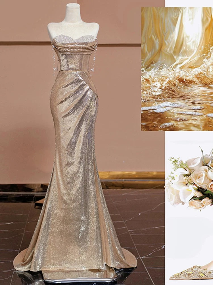 Robe de soirée longue élégante à paillettes et col en cœur style sirène avec perles C1931