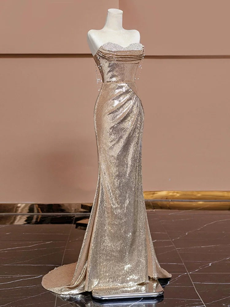 Robe de soirée longue élégante à paillettes et col en cœur style sirène avec perles C1931
