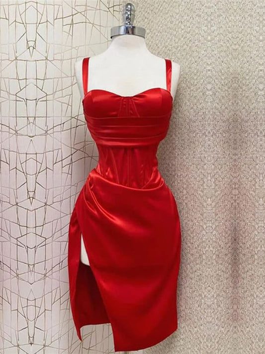 Robe de cocktail sexy à bretelles fourreau rouge longueur genou fendue C1933