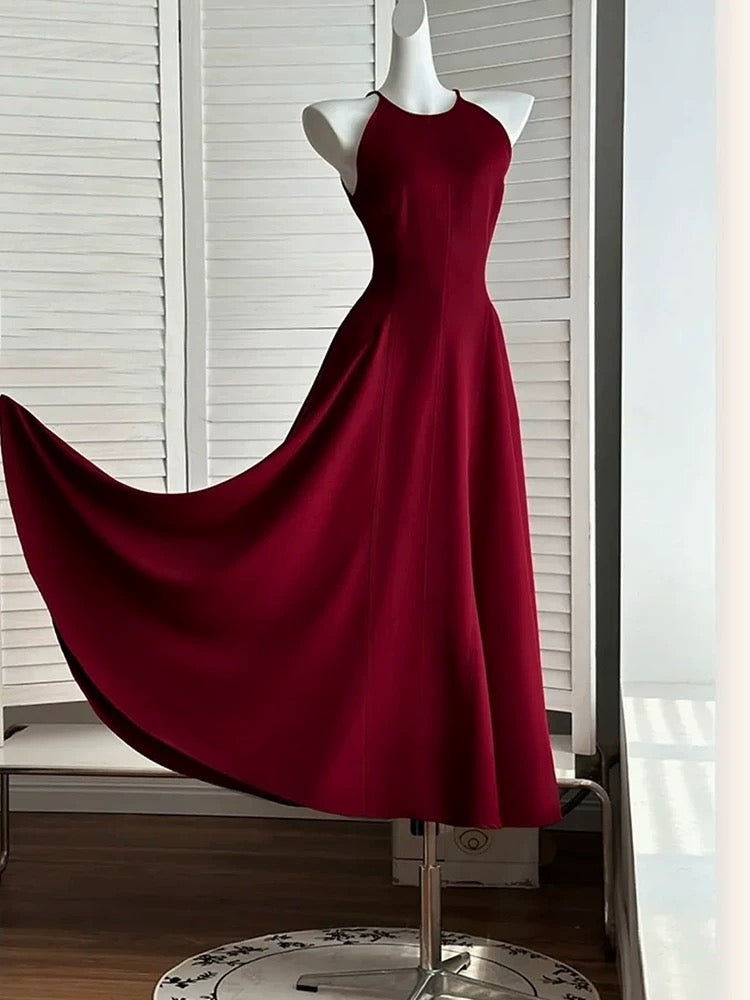 Robe de soirée élégante de style A-line longueur cheville bordeaux C1949