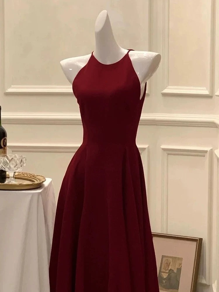 Robe de soirée élégante de style A-line longueur cheville bordeaux C1949