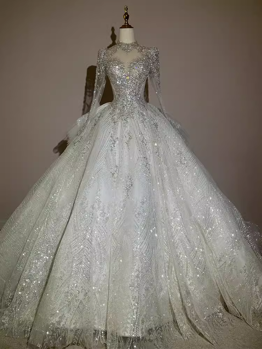 Robe de bal de conte de fées, encolure haute, en Tulle, à paillettes, longues robes de mariée, C195