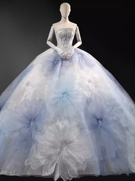 Robe de bal de conte de fées, décolleté sans bretelles, fleurs en Tulle, longues robes de mariée C197