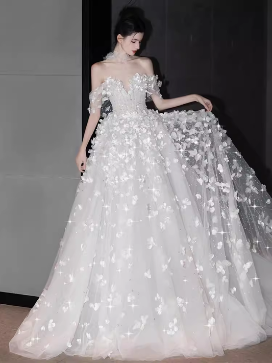 Robe de bal princesse hors de l'épaule Tulle fleurs longues robes de mariée C200