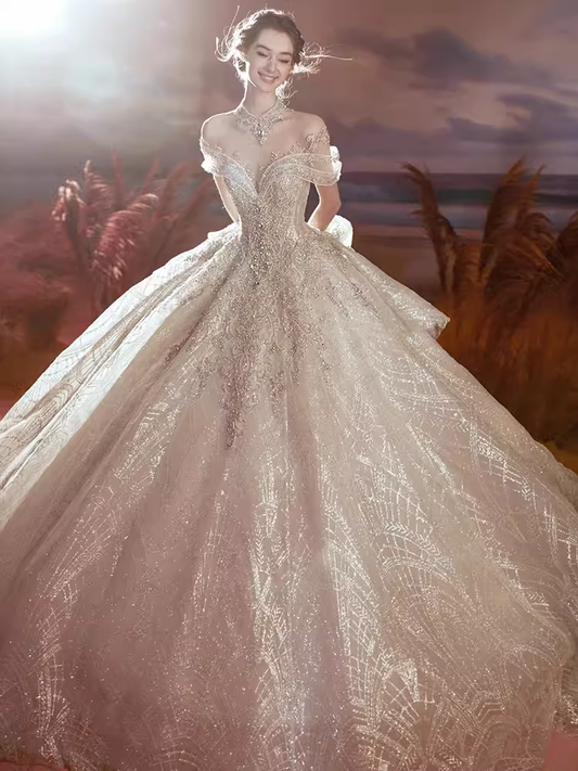 Robe de bal princesse à épaules dénudées et paillettes, robes de mariée longues C201