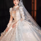 Elegant Ball Gown High neckline Long Sleeves Satin Wedding Dresses C210