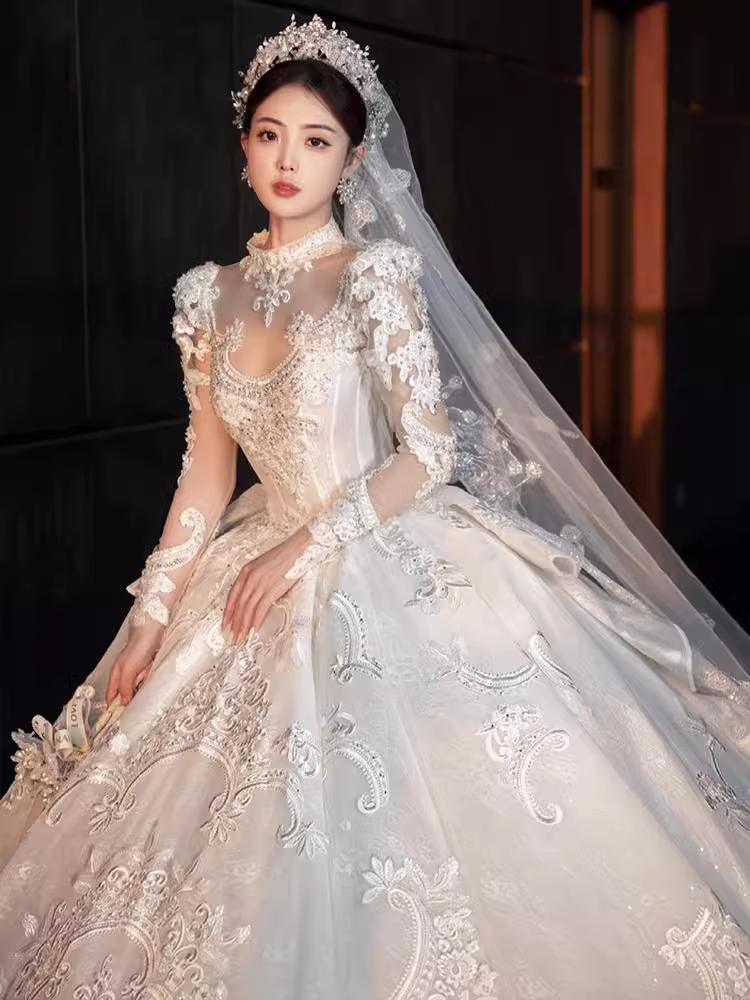 Elegant Ball Gown High neckline Long Sleeves Satin Wedding Dresses C210