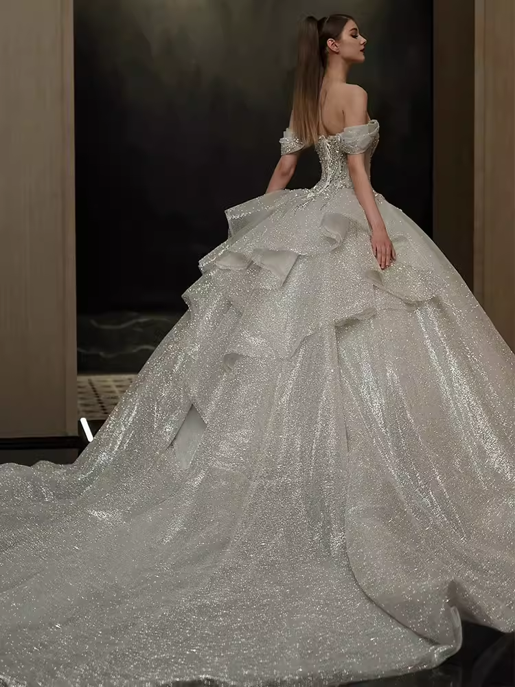 Elegant Ball Gown Off The Shoulder Sequin Short Sleeves Sequin Wedding Dresses C211