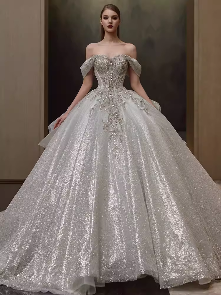 Elegant Ball Gown Off The Shoulder Sequin Short Sleeves Sequin Wedding Dresses C211