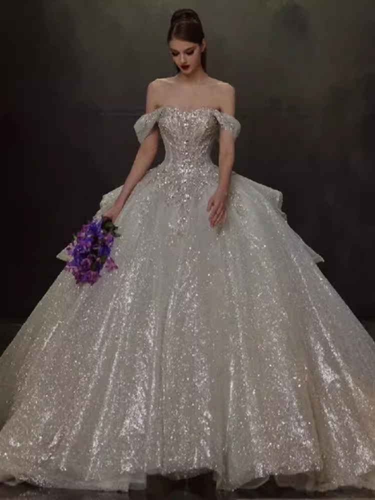 Elegant Ball Gown Off The Shoulder Sequin Short Sleeves Sequin Wedding Dresses C211