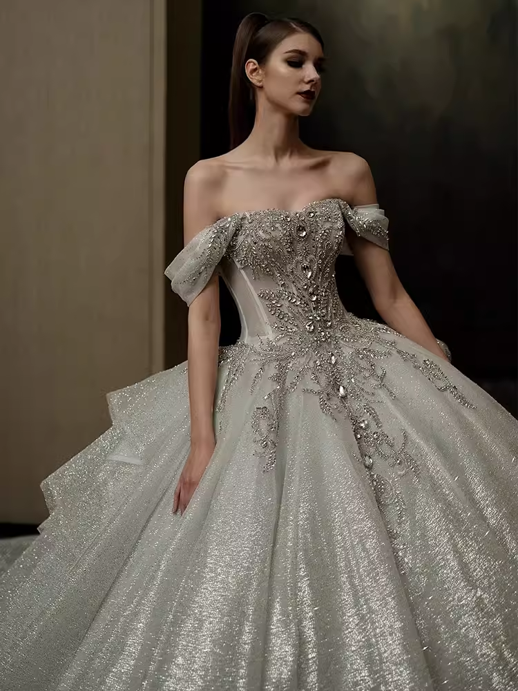 Elegant Ball Gown Off The Shoulder Sequin Short Sleeves Sequin Wedding Dresses C211