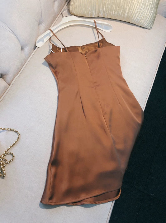 Robe de soirée courte marron à bretelles simples en forme de A pour 18e anniversaire C2176