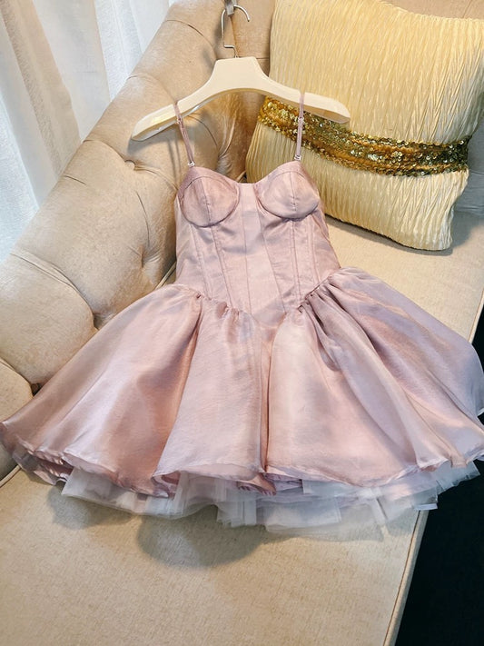 Robe de soirée courte rose à bretelles spaghetti et coupe A simple pour 18e anniversaire C2177