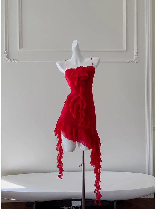 Modest Sheath Spaghetti Straps Red Chiffon Ruffled Short Homecoming Dresses Birthday Outfits C2223